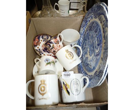 Two Copeland Spode 'Italian' plates, Crown Derby cup and saucer, HMY 'Britannia' mugs, etc.