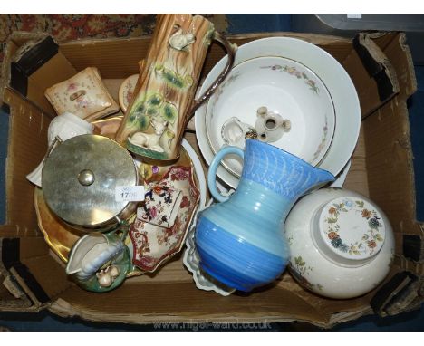 A quantity of china including Spode cake plate, four large fruit decorated plates by P. Worsdale, Shelley jelly mould, Crown 