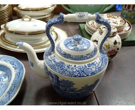 A large blue and white Spode 'Italian' pattern ornamental Kettle with some damage to handle.
