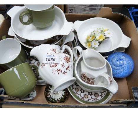 A quantity of Poole pottery, Meakin 'Harmony' plates, Royal Doulton posy, Delft clog and two glass paperweights.