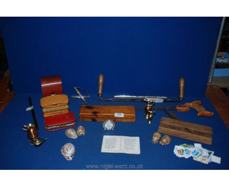 A box of miscellanea including woodworking tools, gentlemen brushes, planes, saw, sharpeners etc. 