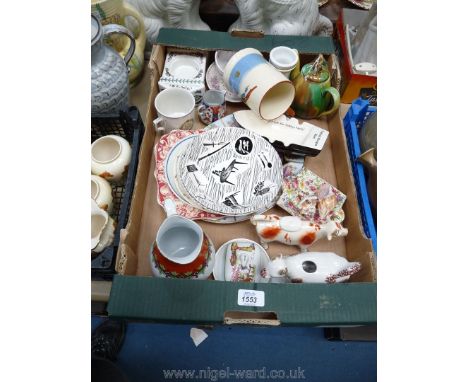 A box of china including two cows creamers a/f, two Homemaker bowls, Portmeirion clock (face missing), small pin dish, jugs, 