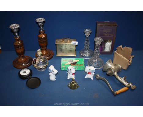 A quantity of miscellanea including Treen candlesticks, pressed glass candlesticks, carriage clock, etc.