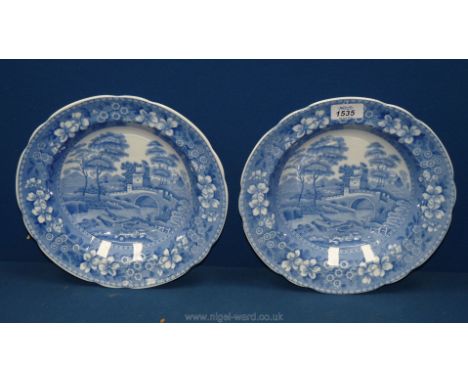 A pair of late 19th century Copeland Spode blue and white soup dishes in Tower landscape pattern 10" diameter impressed mark.