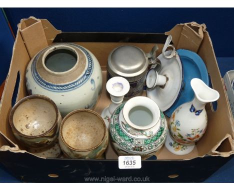 A quantity of china including Aynsley vase, Chinese ginger jar, two goblets and two enamel chambersticks