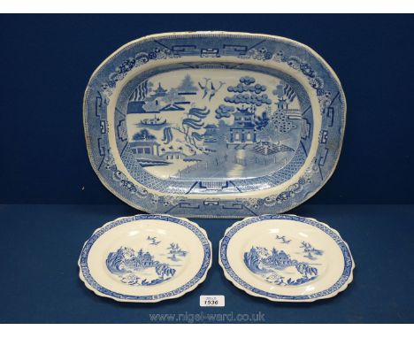 A large 19th century Willow pattern meat Platter 18" long, probably Hicks and Meih also a pair of Pagoda pattern blue and whi