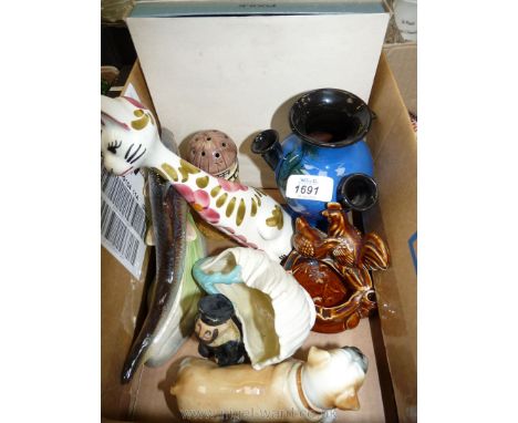 Three Poole display plates, ashtray/pipe stand, Boxer dog figure, etc.