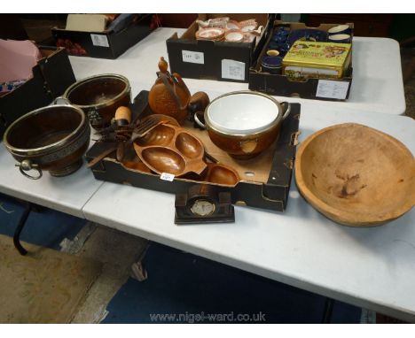 A large quantity of 20th c. Treen including two large turned wooden bowls with metal fittings and a 1930's clock, etc.