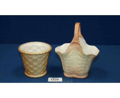 A Royal Worcester porcelain blush ivory small planter with basket weave design 3 1/2" diameter date 1912 plus a Worcester, Ho