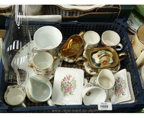 A quantity of china including Paragon bell, pin dishes, small Poole jug, oriental sucrier and jug, Noritake jug, etc.