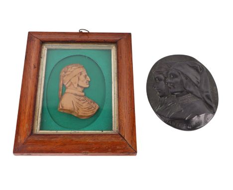 A wax profile head and shoulder portrait of Dante, framed & glazed, 11.5 by 14cms; together with a similar bronzed roundel pl