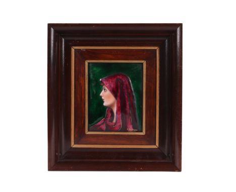 A Limoges enamel panel depicting the Red Nun, after Jean-Jacques Henner, 11.5 by 15cms, framed.