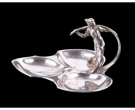 A WMF Art Nouveau silver plated hors d'oeuvres dish of trefoil form with sinuous young maiden handle, 26cms wide.Condition Re