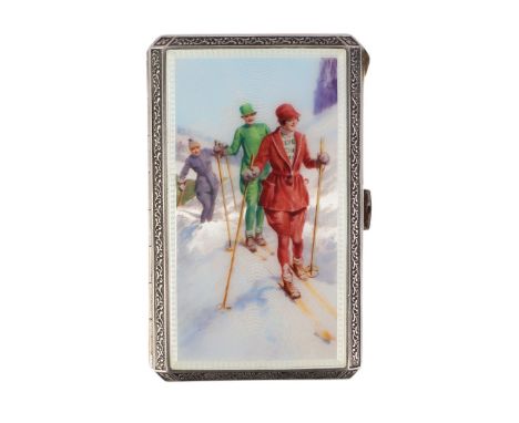 An Art Deco silver and enamel cigarette case, the top decorated with an alpine scene, London import marks for 1927 and makers