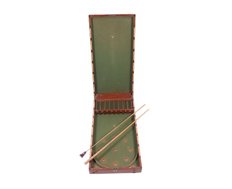 A late 19th century mahogany folding bar billiards / bagatelle board, 53 by 100cms closed.