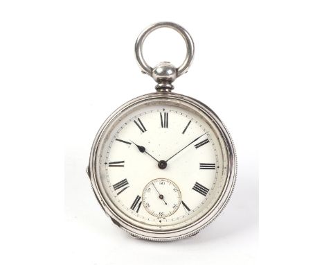 A silver cased open faced pocket watch, the white enamel dial with Roman numerals and subsidiary seconds dial.