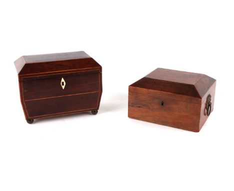 A Regency rosewood two-division tea caddy on brass ball feet, 19cms wide; together with a rosewood trinket box with pressed g