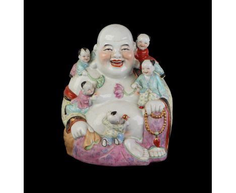 A large Chinese porcelain laughing Buddha figure with playing children, 34cms high.Condition ReportGood condition with no dam