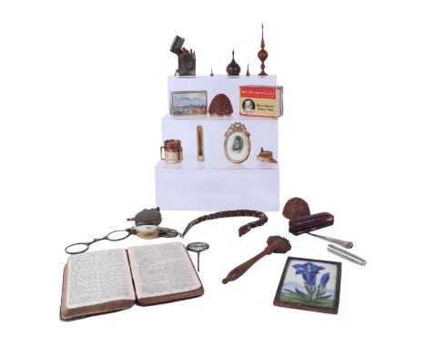 A vintage articulated toy snake, 24cms long; together with a silver mounted prayer book; a novelty boxwood tape measure; a pa