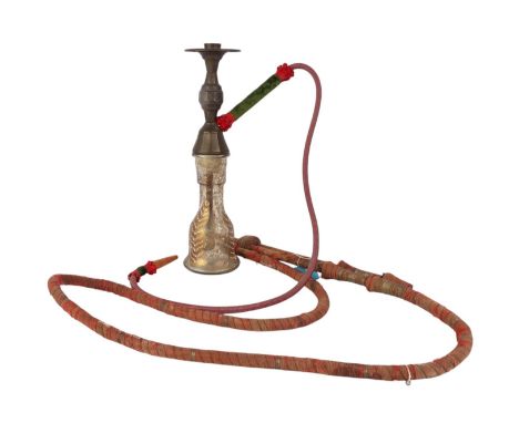 A Turkish painted glass hookah pipe; together with other pipes and smoking related items.