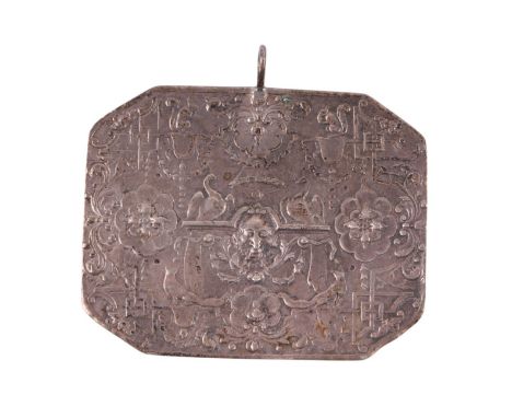 A white metal (tests as silver) panel pendant plaque with ornate classical decoration, 7 by 5.5cms, 30g.