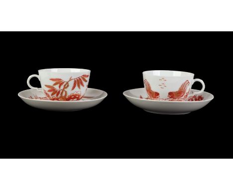 A pair of 18th century Doccia porcelain tea cups and saucers decorated in Rust Roosters pattern.