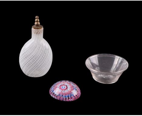 An antique Venetian latticino glass flask and stopper, 11cms high; together with a Georgian clear glass patty pan, 7.5cms dia