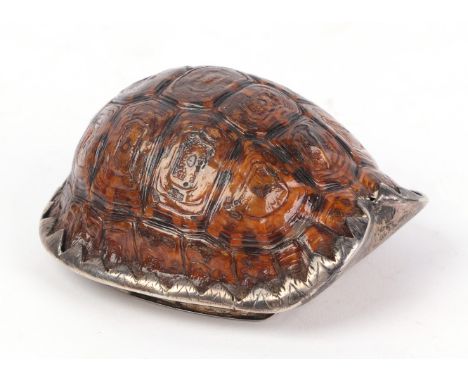 Taxidermy.  A Victorian white metal mounted tortoise carapace snuff box presented to 'Mr Geo W Harris From a Friend 1889', 6.