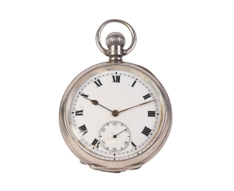 A silver cased open faced pocket watch, the white enamel dial with Roman numerals and subsidiary seconds dial.