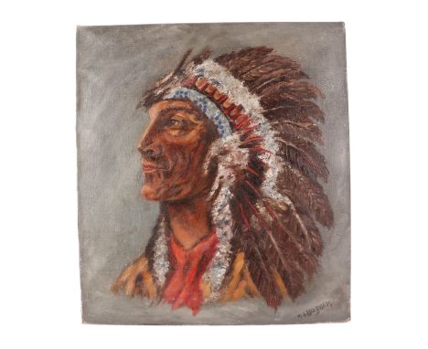 M D Brabhay (American school) - Portrait of a Native American Chieftain - signed lower right, oil on canvas, unframed, 46 by 