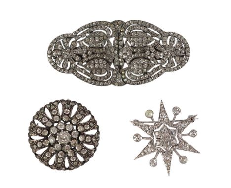 Three vintage paste set brooches including a double clip example, the largest 6.5cms wide (3).