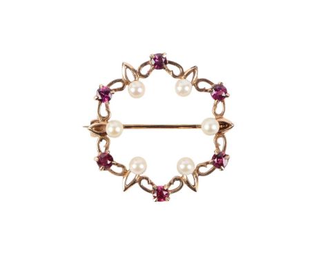 A 9ct gold ruby and pearl brooch.