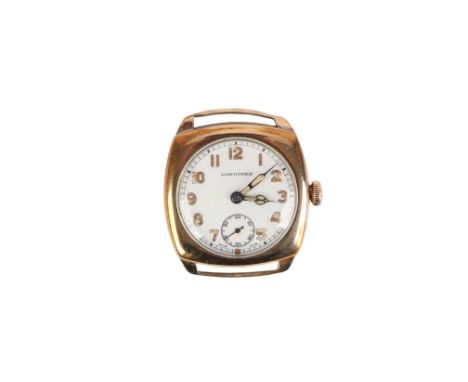 A Longines 9ct gold cushion shaped wristwatch, the white enamel dial with Arabic numerals and subsidiary seconds dial, inscri