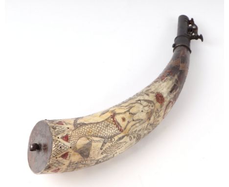 A scrimshaw engraved horn powder flask entitled 'Liberty', decorated with a sailing ship, mermaid, eagle and flags, 36cms lon