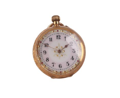 A Victorian 18ct gold cased fob watch, the white enamel dial with Arabic numerals, 3.5cms diameter, gross weight 29.3g.