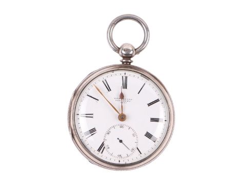 A silver cased open faced pocket watch, the white enamel dial with Roman numerals and subsidiary seconds dial, the fusee move