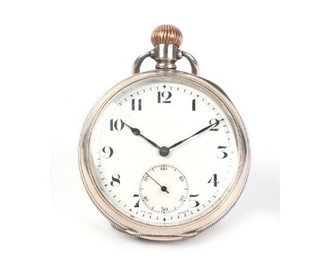 A silver cased open faced pocket watch, the white enamel dial with Arabic numerals and subsidiary seconds dial.