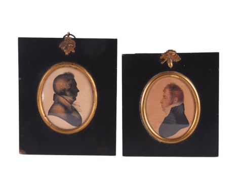 A Regency portrait miniature of a young gentleman, in an ebonised frame; together with a bronzed silhouette portrait miniatur