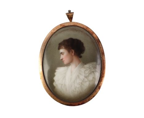 A KPM style oval porcelain portrait miniature depicting a young woman. 5 by 6.5cmCondition ReportThere is general wear to thi