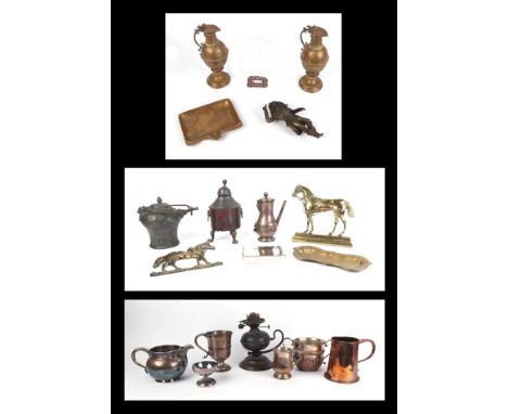 A quantity of 18th century and later metalware to include a copper tankard; a Sheffield plate two-handled cup; caddy; oil lam