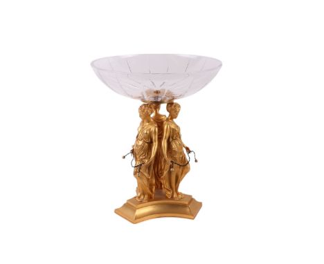 After Augustus Moreau - a gilt bronze centrepiece with Mario Cioni  Italian design cut glass bowl on a Three Graces column, s