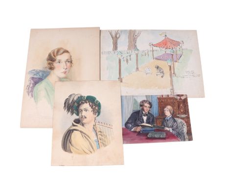 A quantity of unframed watercolour paintings to include a portrait of a Victorian couple and an Art Deco portrait of a woman,