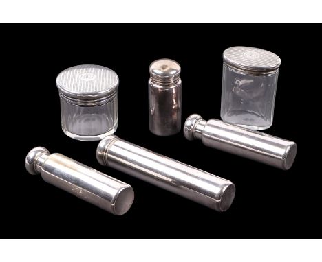 A group of four silver topped silver plated cosmetic jars; together with two silver topped glass dressing table jars, various