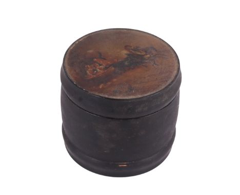 A 19th century Russian lacquer tea caddy with painted Troika scene to the lid and makers mark to the inside of the lid, 10cms