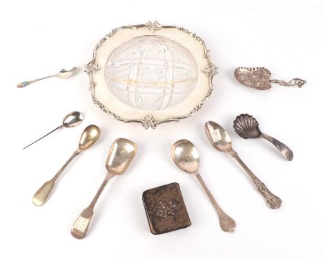 A sterling silver mounted cut glass dish (glass a/f); together with a quantity of silver spoons to include a Dutch caddy spoo