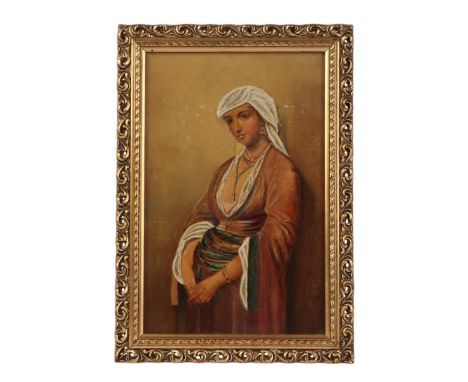 Middle Eastern School - Portrait of a Young Woman - oil on board, framed, 15 by 23cms.