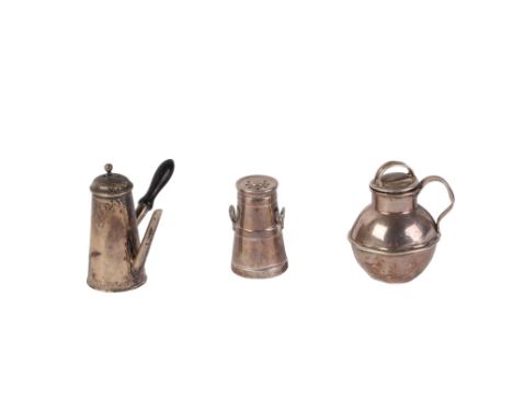 Three novelty silver miniature items, a Channel Island milk can, a pepper caster in the form of a coffee pot with turned wood