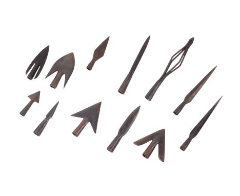 A quantity of  medieval European style traditional blacksmith forged steel arrow heads, each with different design to include