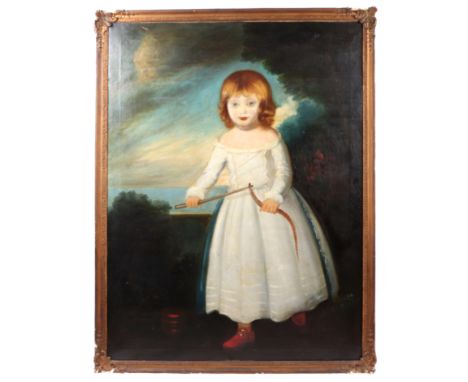 Follower of John Francis Rigaud - a full length portrait of a girl identified as Caroline Wyman, wearing a white dress and ho