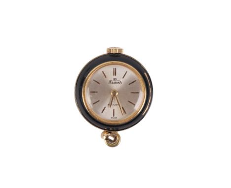 A Nadine gold and enamel pendant watch, the black enamel back with floral decoration, 20mm diameter.